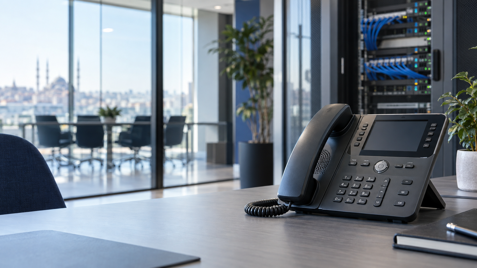 Modern ofiste kurumsal IP telefon ve network kabineti